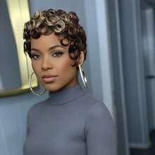 4/27 Colors Short Curly Human Hair Wig For Black Women, Pixie Cut Style, No Lace Frontal, Full Machine Weft, Layered Pixie Cut With Bangs, Suitable For Valentine's Day And Daily Wear - S4/27 - View 6