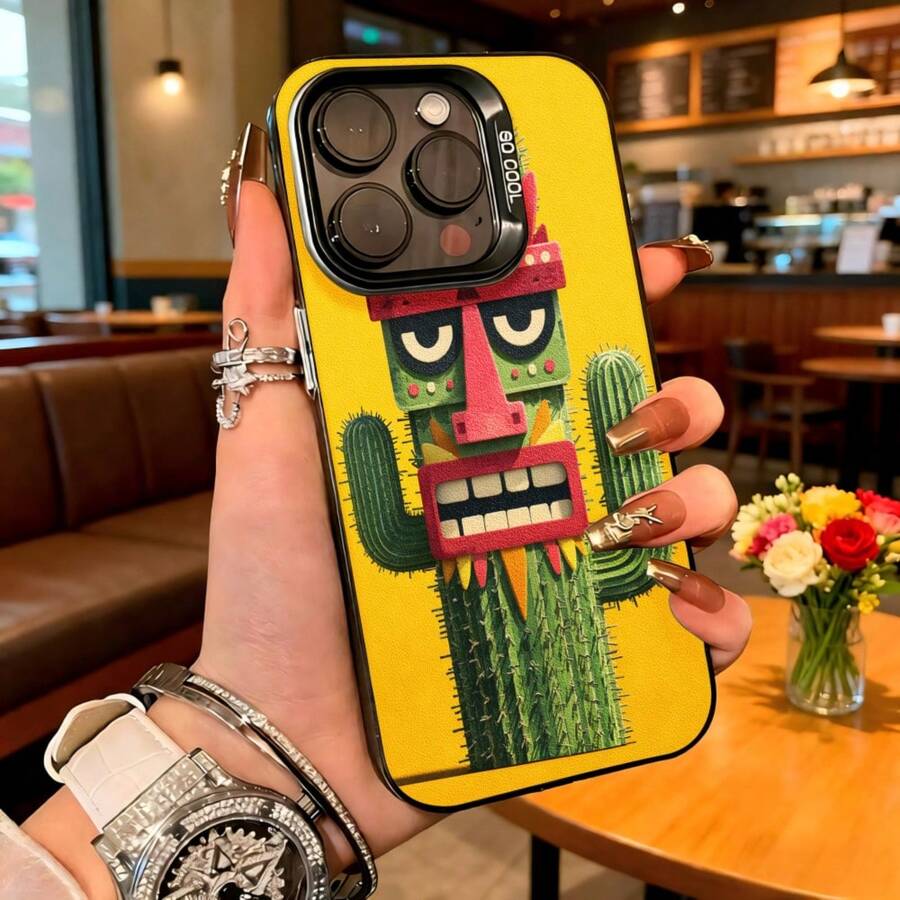 Cubierta de telefono con diseño de cactus y máscara  amarilla para uso diario en cafeterías - Negro - Ver 1