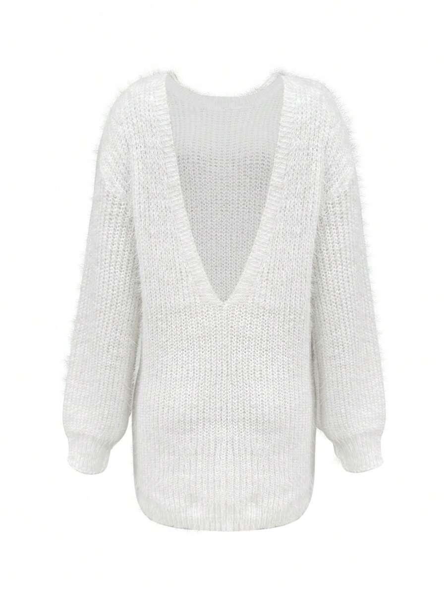 Autumn/Winter Fashionable Sexy Women's Loose Fluffy Knitted Long Sleeve Sweater Mini Dress, Stylish V-Neck Backless Design, White Dress