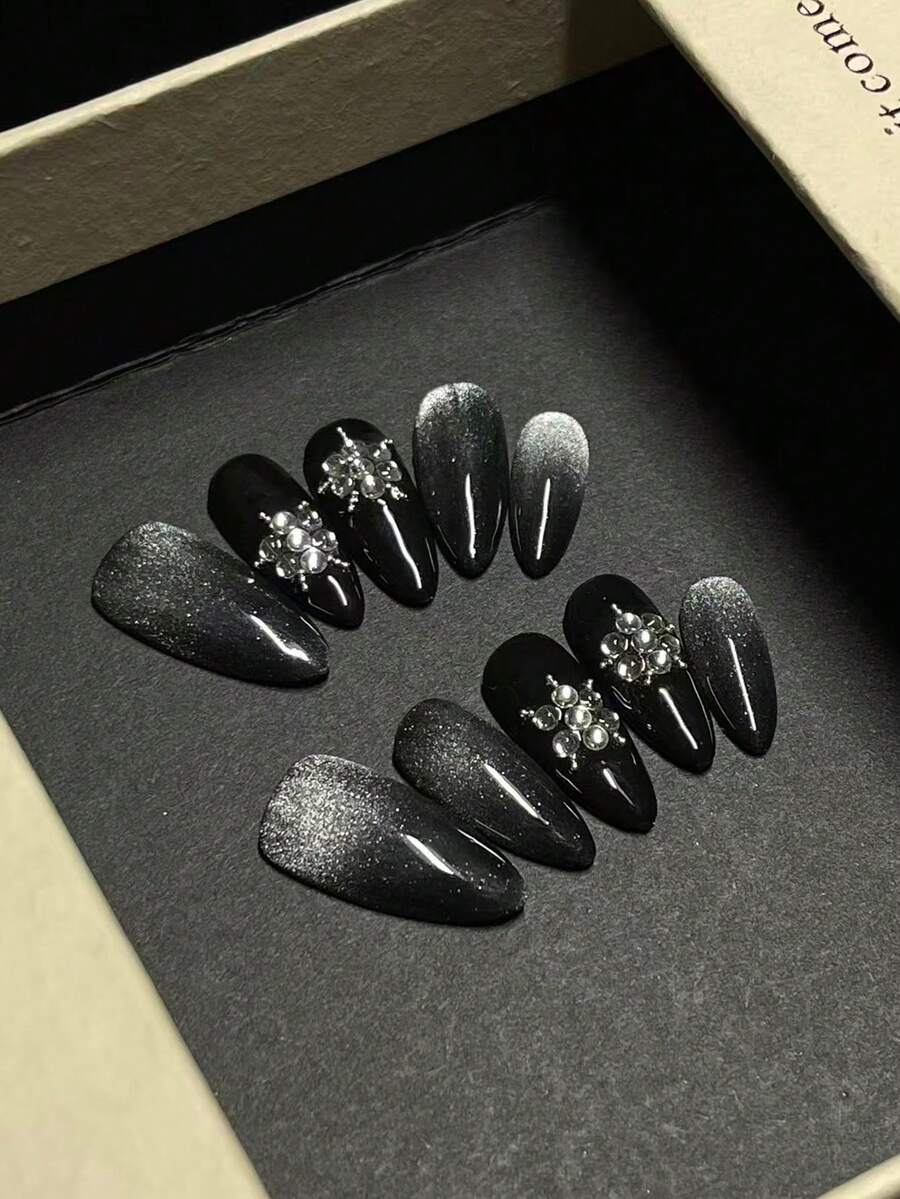 1包/10片 - 炫酷星爆尖头美甲贴纸 - 黑色闪光渐变+金属点缀宝石 - 手工美甲用品 - 黑色 - 查看 1