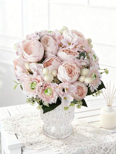 1/80 Bunch Artificial Silk Hydrangea Bouquet, Fake Tea Rose, Suitable For Spring Wedding Vase, Decor For Home, Restaurant, Bedroom, Bathroom, Room, Mother's Day, Father's Day, Holiday Birthday Party, Outdoor Garden