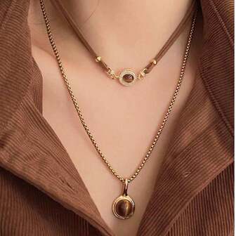2 piezas Collar con colgante de ojo de tigre vintage, collar de cadena casual multicapa para mujer, otoño/invierno