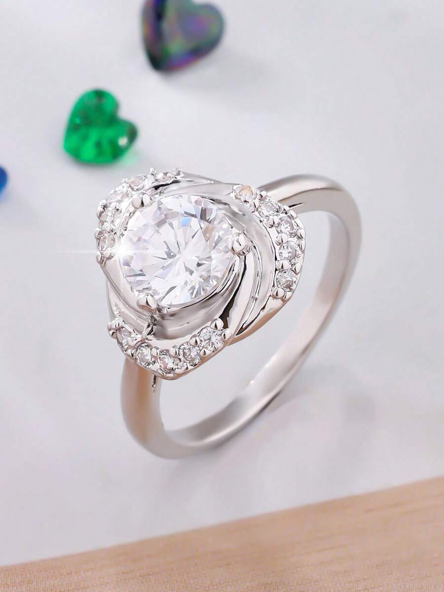 1pc Women's Fashion Elegant Delicate Rose Design Cubic Zirconia Ring, Suitable For Daily Wear, Gifts, Weddings, Valentine's Day, Anniversary, Christmas, New Year - White - View 1