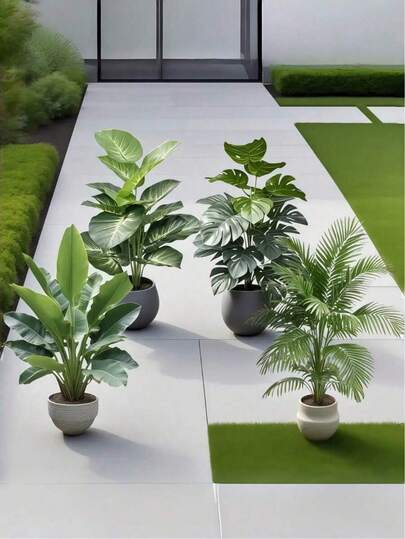 4pcs - Large Artificial Green Plant Palm Tree Set, Includes 48 Big Leaves, Christmas Decor, Modern Wedding Garden Decor; Maintenance-Free Evergreen Prosperity Tree Artificial Plants, Suitable For All Seasons; Suitable For Potted Christmas Trees For Thanksgiving, Halloween And Other Holidays