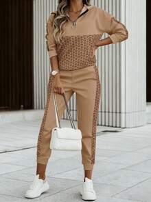 Women's Fashionable Casual Daily Print Long Sleeve Top And Pants Set, Versatile - Khaki - View 1