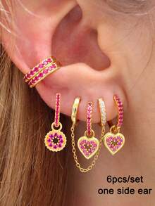 6pcs Set Cute Gold Plated Cubic Zirconia Heart Pendant Earrings, Women Colorful Zirconia Flower Earrings Set, Fashion Jewelry - Gold-red - View 10