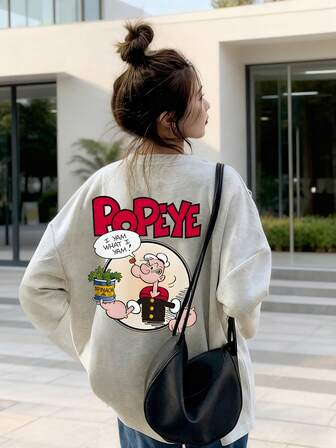 女士宽松休闲卡通印花长袖T恤，街头风格，韩国时尚，春秋季