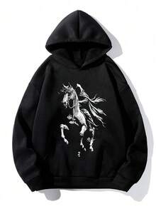 Men's Hooded Sweatshirt, New Autumn/Winter Sports Street Fashion Mysterious White Horse Knight Cloak Poncho For Glory, Loose Minimalist Kangaroo Pocket Fleece Hoodie, Leading Fashion - Black - View 4