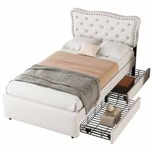 Flat Bed 90*200, Padded Bed, Bedside Table Cushion With Decorative Studs, Double Drawers, Light Beige Color - 淺米色 + 中密度纖維板 + 90公分*200厘米 - 查看 6