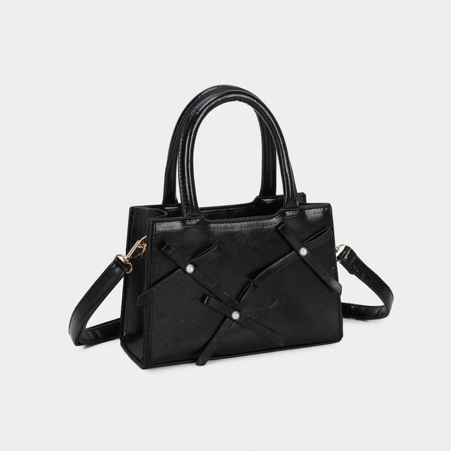 Vegan Leather Bag With Bow And Pearl - Black - View 1