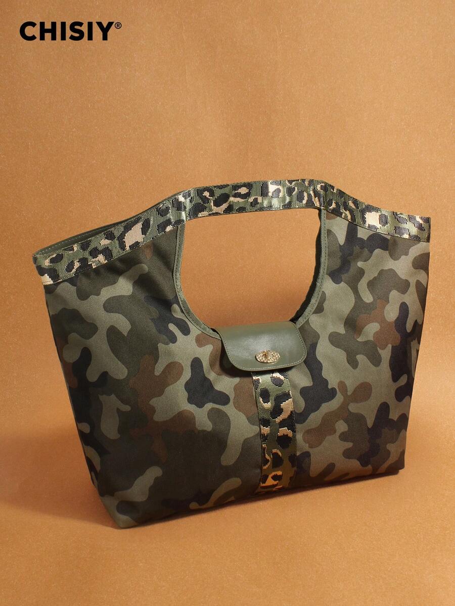 Unique Camouflage Green Large Tote Bag, High Capacity Handbag With PU Patchwork Camo, Fashionable And Casual, Suitable For Commuting, Outing, And School - 軍綠色 - 查看 1