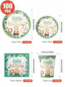 Jungle Animal Happy Birthday Disposable Plates, Napkins, Cups - Birthday Theme Plates, Napkins And Cups Party Supplies, Fits 25 Guests, Disposable Paper Plates Party Tableware Suitable For Birthday, Wedding, Party, Family Picnic - Multicolor - View 2