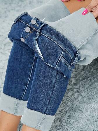 Winter Warm Thick Mid Waist Vintage Washed Elastic Skinny Jeans With Whisker Details Multiple Buttons