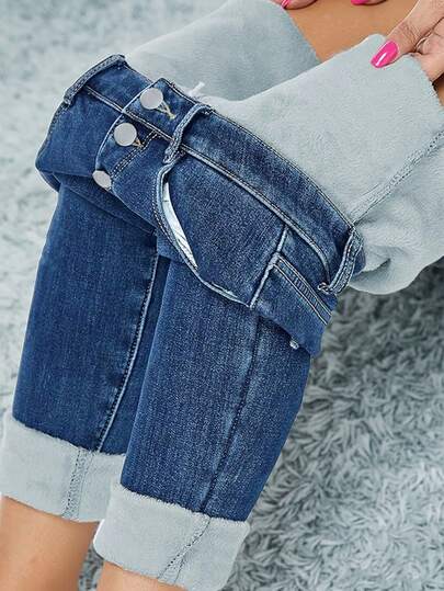 Winter Warm Thick Mid Waist Vintage Washed Elastic Skinny Jeans With Whisker Details Multiple Buttons