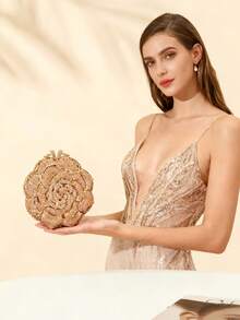 1pc Mini Elegant Clutch Bag, Rhinestone Flower Design, Suitable For Parties And Galas, Luxury Handmade Metal Crystal Clutch Purse, Women's Fully Rhinestone Evening Clutch, Novelty/Shiny Handbag, Suitable For Bride/Gift - Multicolor - View 11