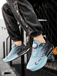 1 Paio di scarpe da corsa su strada con lacci, in tessuto sportivo a righe e motivo geometrico, sneaker casual atletiche per uso all'aperto, palestra, campus, vacanza, adatte per tutte le stagioni - Blu - Visualizzare 5