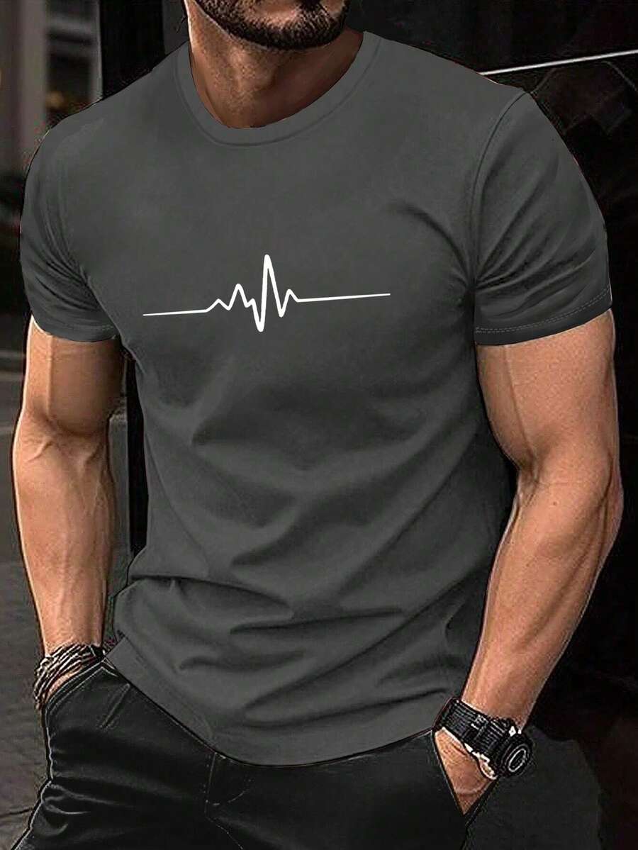 Men's Casual Electrocardiogram Printed Round Neck Short Sleeve T-Shirt, Summer - Dark Grey - View 1