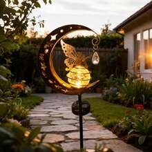 1 pieza Luz de jardín de arte de hierro con hada pateando la luna alimentada por energía solar, luz LED cálida para el patio, el césped, el parque - Patada de hada - Ver 4