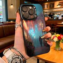 Cubierta de telefono con diseño de paisaje misterioso azul oscuro con silueta de persona y flores en camino iluminado para uso diario en cafeterias y salas de estar - Negro - Ver 1
