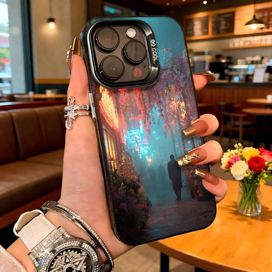 Cubierta de telefono con diseño de paisaje misterioso azul oscuro con silueta de persona y flores en camino iluminado para uso diario en cafeterias y salas de estar - Negro - Ver 1