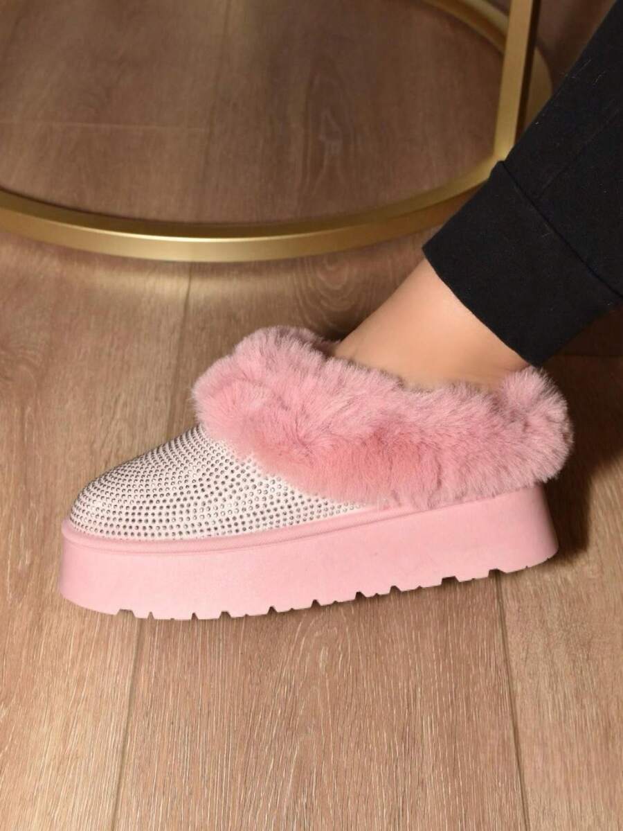 Womens Casual Fluffy Boots Fashion Faux Fur Rhinestone Slippers Pink Cozy Slip-On Platform House Shoes Soft Warm Lining With Sparkling Design Perfect For Fall/Winter Indoor And Outdoor Use - 粉色 - 查看 1