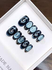 纯手工制作椭圆形美甲贴片；手绘玻璃珠猫眼红色个性化秋冬美甲贴片；高品质气质简约美甲贴片，全覆盖假指甲，Y2K美甲贴片，按压式美甲贴片美甲用品 - 彩色 - 查看 12