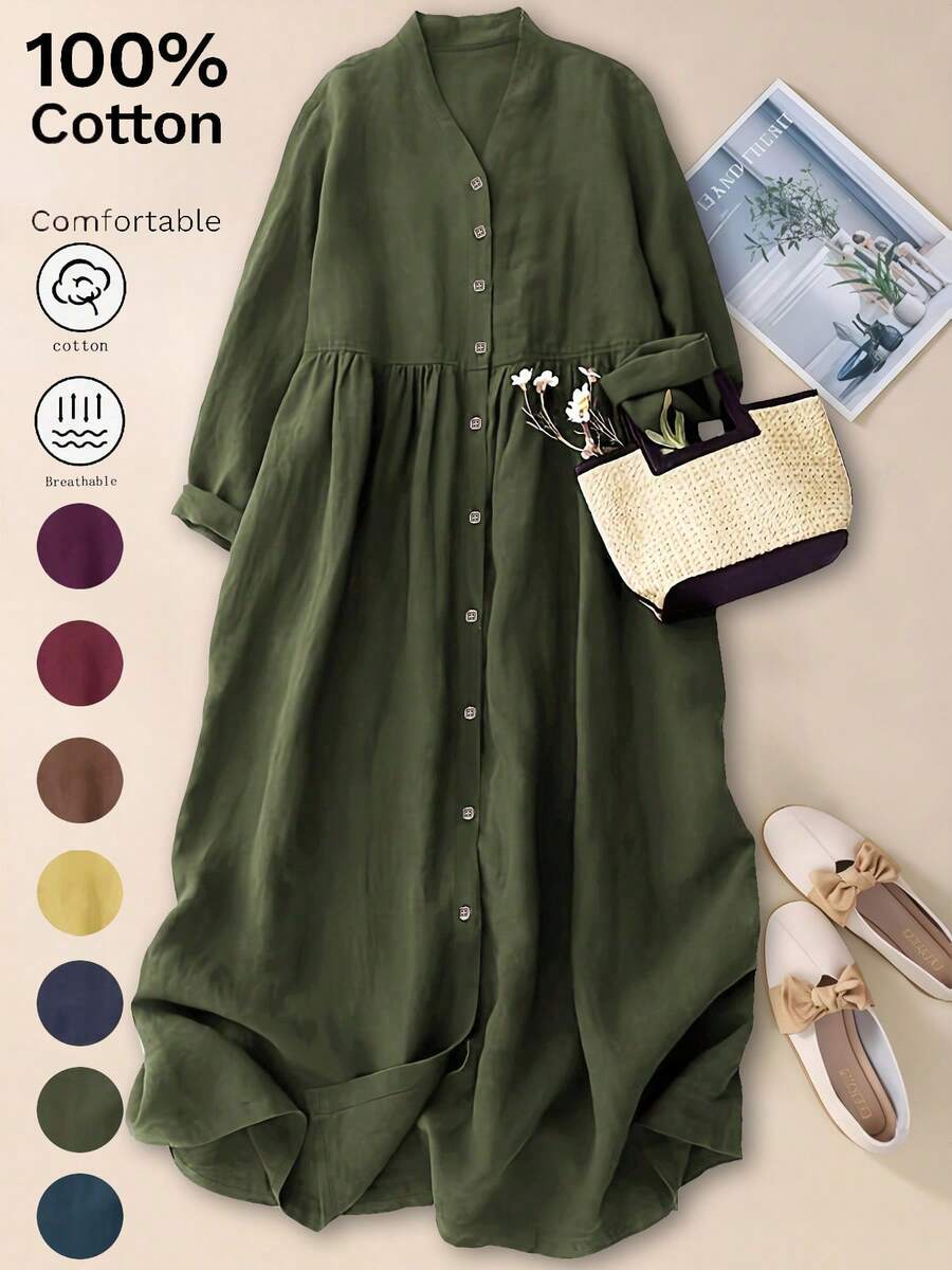 女式 V 领前开式休闲宽松大码连衣裙，优雅秋/春