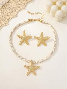 Set de 3 collares minimalistas con diseño geométrico asimétrico de estrella de mar, de moda y versátil, popular en Europa y América - Juego de tres piezas de cuerda suave blanca - Ver 4
