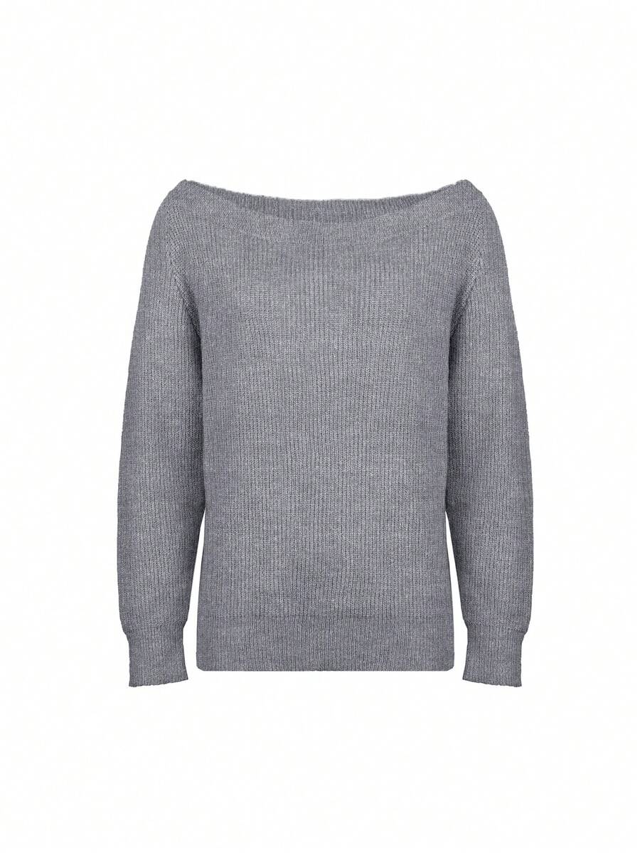 Women Solid Color Long Sleeve Casual Knitted Sweater - Grey - View 1