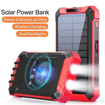36000mAh Solar Power Bank Wireless Charger Built In 4 Cables Six Outputs 15W Fast Charging Power Bank For All Mobile Devices Three Inputs Solar Portable Charger With Dual Flashlights Perfect For Camping, Hiking Suitable For Winter Holiday Outdoor Travel/Camping/Hiking/Fieldwork And Emergency Backup Mobile Power Supply Gifts For Family, Friends, Birthday Holiday Outdoor Travel Camping Hiking Fieldword Gifts Birthday Solar Charger Camping Essentials