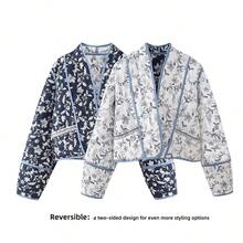 Women's Reversible Floral Quilted Jacket Cropped Puffer Cardigan Open Front Lightweight - White - View 6