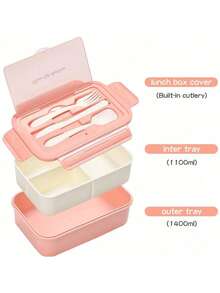 1pc Pink Lunch Box, Lunch Box With Cutlery (Upgraded Detachable Version), 1400ml Child/Adult Bento Box With 3 Compartments, Microwave Lunch Box For Work, Picnic, Office, Food Storage, Camping, Back To School, Christmas Gift - Orange-pink - View 3