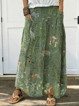 Falda larga de estilo divertido con estampado de naturaleza, bosque y país, diseño de bolsillo, cómoda y holgada para vacaciones y viajes, para primavera/verano