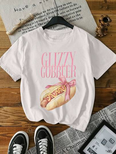 女士休闲热狗标语印花 T 恤，夏季