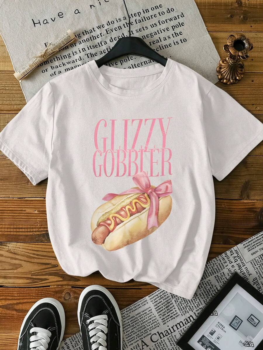 女士休闲热狗标语印花 T 恤，夏季 - 白色 - 查看 1