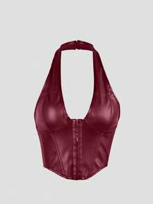 Yuwenier Rave Y2K V-Neck Rivet Front Lace-Up Backless PU Leather Crop Top, Sexy Avant-Garde Music Festival Shirt - Red - View 8