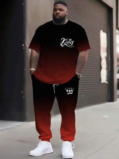 加大码男士黑红渐变皇冠印花短袖抽绳裤套装，宽松修身两件套，圆领T恤搭配休闲运动裤