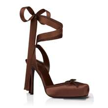 Spring New Elegant And Fashionable Ladies High-Heeled Square Toe Ankle Strap Satin Bow Ballet Toe Cap Black Bottom Sandals - 咖啡棕 - 查看 14