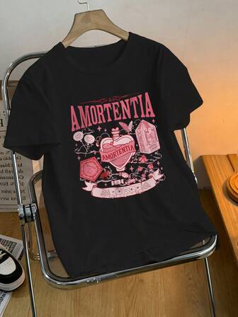 大码女式夏季字母印花圆领短袖休闲宽松百搭 T 恤，适合日常穿着