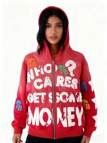 Y2K Zip Up Hoodie With Bold Who Cares Get Some Moneygraphic And Colorful Palm Logo Prints  Streetwearjacket - 紅色 - 查看 4