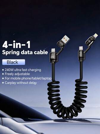 OIITH 4-i-1 240W snabbladdningskabel med USB-fjäderladdningskabel, stöder 480 Mbps dataöverföring, justerbar längd på 2M TPE-laddningskabel, snabb multiladdningskabel med USB till Lightning/Typ C-laddningskabel, kompatibel med iPhone 17/16/15/14/13/12/11/iPad Air, kompatibel med , kompatibel med , Android universaladapterserie för billaddningskabel (maximal expansionsstorlek är 2m)