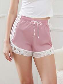 Women's Lace Trim Shorts Casual Loose Fit Stylish Drawstring Mid Rise Shorts For Summer - 粉色 - 查看 2