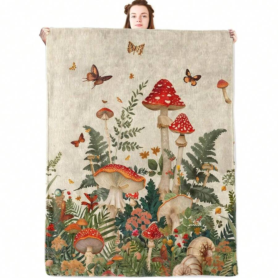 Vintage Mushroom Forest Flannel Blanket,Botanical Throw With Butterfly,Fern And Snail,Woodland Design,Lightweight Fleece Blankets For Nature Lover,Couch,Cabin,Bed,Camping Decor Gifts,60x50in - 白色 - 查看 1