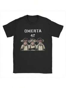 Omerta 47 Unisex Cotton T-Shirt - Humorous Monkey Graphic & Omerta 47 Text Print, Crew Neck Short Sleeve Tee, All-Season Casual Wear, Machine Washable, Black, Streetwear Fashion, Celebrity Style Tee, Durable Print Shirt - 黑色 - 查看 1