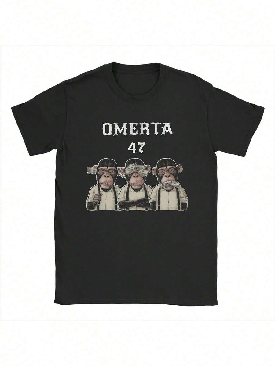 Omerta 47 Unisex Cotton T-Shirt - Humorous Monkey Graphic & Omerta 47 Text Print, Crew Neck Short Sleeve Tee, All-Season Casual Wear, Machine Washable, Black, Streetwear Fashion, Celebrity Style Tee, Durable Print Shirt - 黑色 - 查看 1