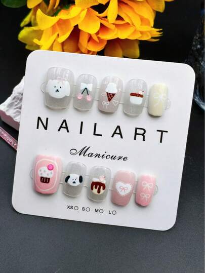 纯手工美甲贴片，10片装，多色，短梯形，美妆，香氛风格，法式美甲，按压式美甲贴片，新年美甲，情人节美甲，UV灯美甲，夏季美甲，日常佩戴美甲贴片，优雅大方设计，高端法式风格，凝胶抛光，闪光，猫眼效果