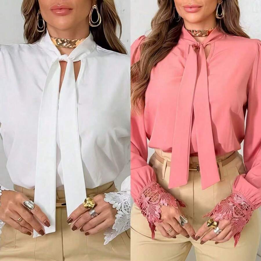 Elegant Women's Formal Blouse, V-Neck With Bow, Embroidered Lace Blouse, Cuffed Sleeve Blouse, Women's Lace Tops - 白色和粉絲2件 - 查看 1