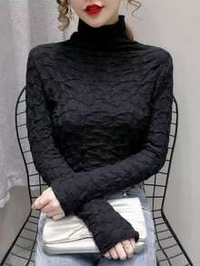 Women's Solid Color Turtleneck Jacquard Undershirt, Fashionable Frill Trim Casual Top, Ladies T-Shirt For Spring And Autumn - Black - View 4