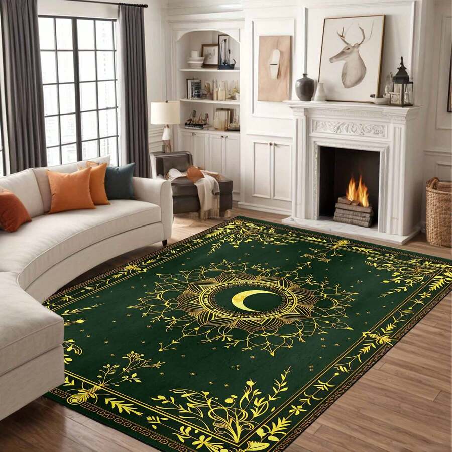 1Pc Large Mystical Moon & Golden Crescent Floral Area Rugs, Celestial Black With Golden Accents,Non-Slip Backing, Lightweight, Durable Polyester, Machine Washable, Easy To Clean, Soft Felt Back, Rug For Living Room, Bedroom Or Office, Sofa, Coffee Table, Kitchen, Bathroom, Balcony, Entrance Carpet, Apartment, Dormitory, Porch, Patio, Farmhouse Decor, Halloween, Fall Decor, Dark Academia Style, Indoor Use, Rugs For Living Room, Low Pile Carpet - 樣式 5 - 查看 1