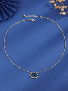 1件吊坠项链，时尚椭圆形设计，铜质，适合送给女朋友，日常佩戴和约会皆宜 - 金色藍 - 查看 2